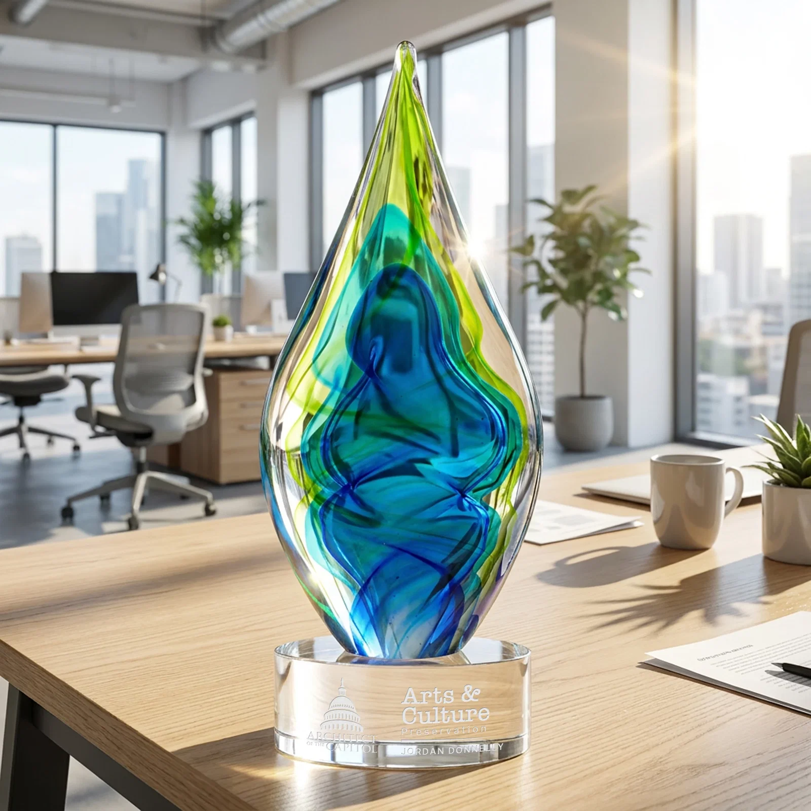 Custom Blue and Green Glass Teardrop Award With Layered Color Flow for team milestone celebrations