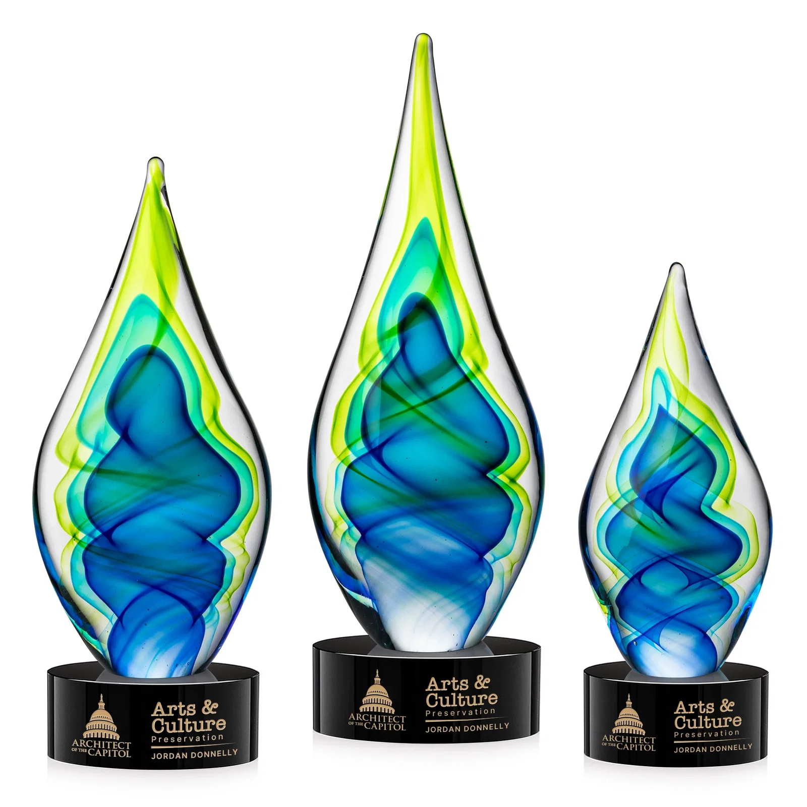 Custom Blue and Green Glass Teardrop Award With Layered Color Flow for donor appreciation