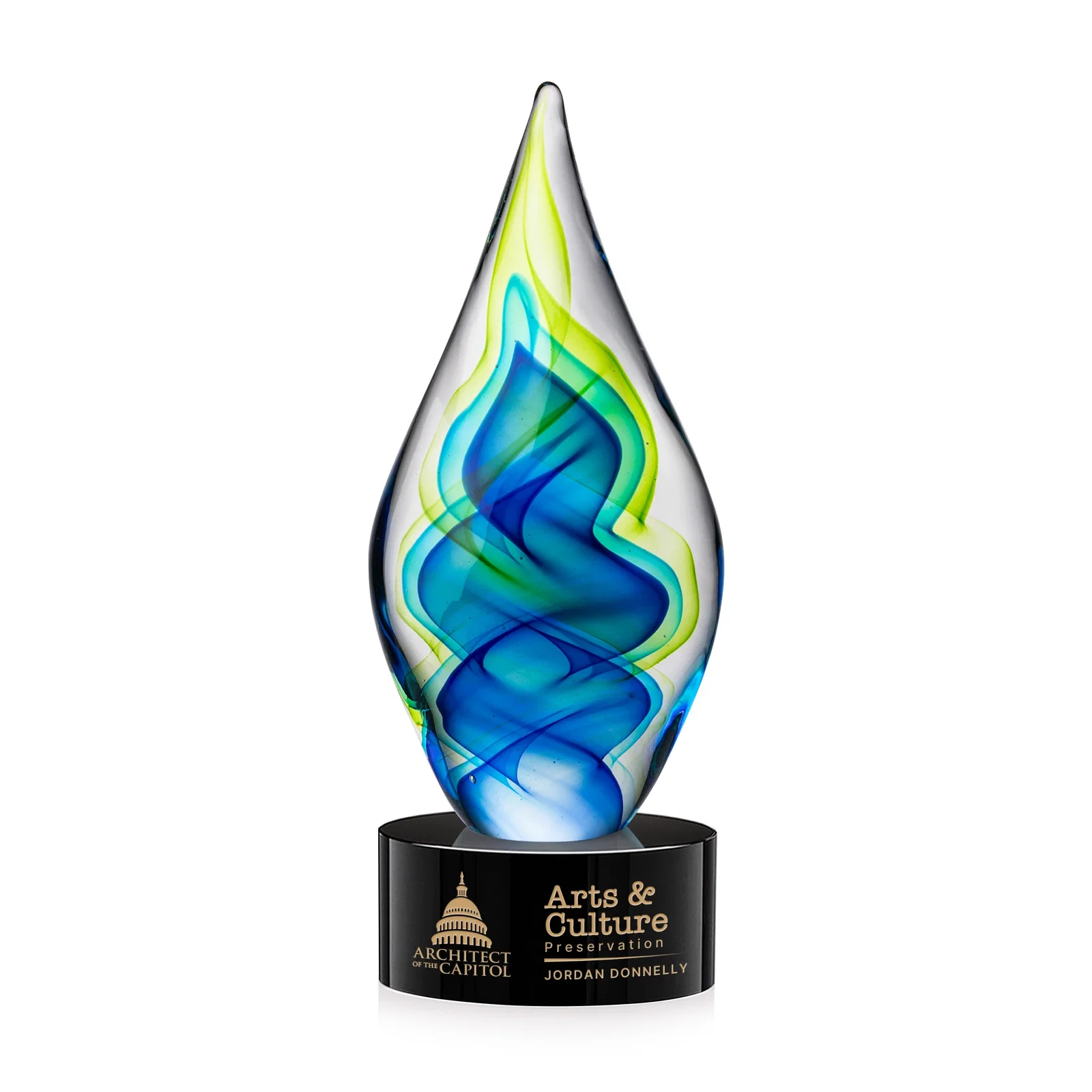 Custom Blue and Green Glass Teardrop Award With Layered Color Flow for graduation ceremonies