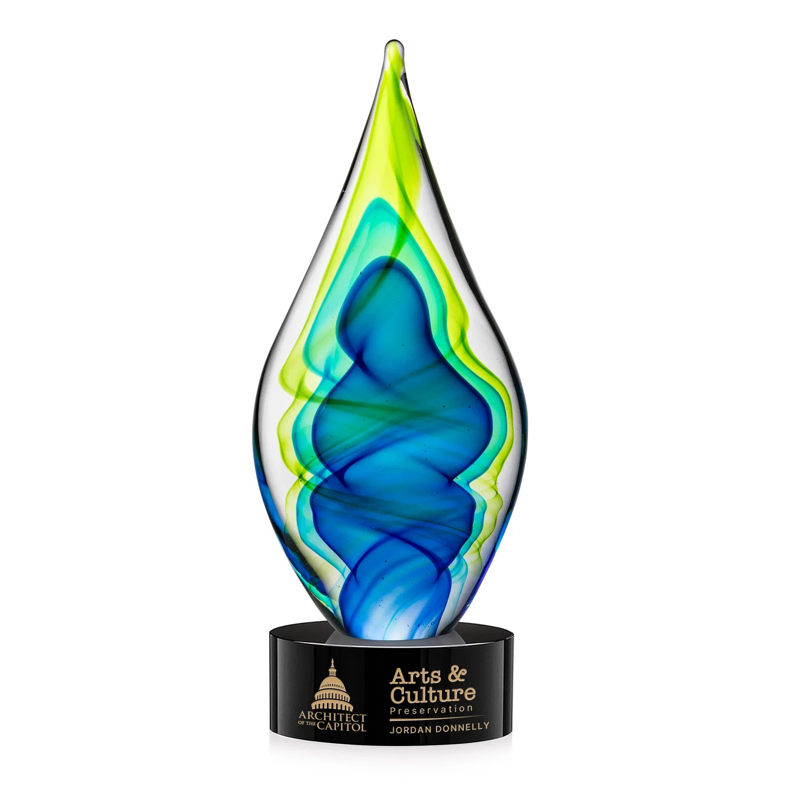 Custom Blue and Green Glass Teardrop Award With Layered Color Flow for safety achievement programs