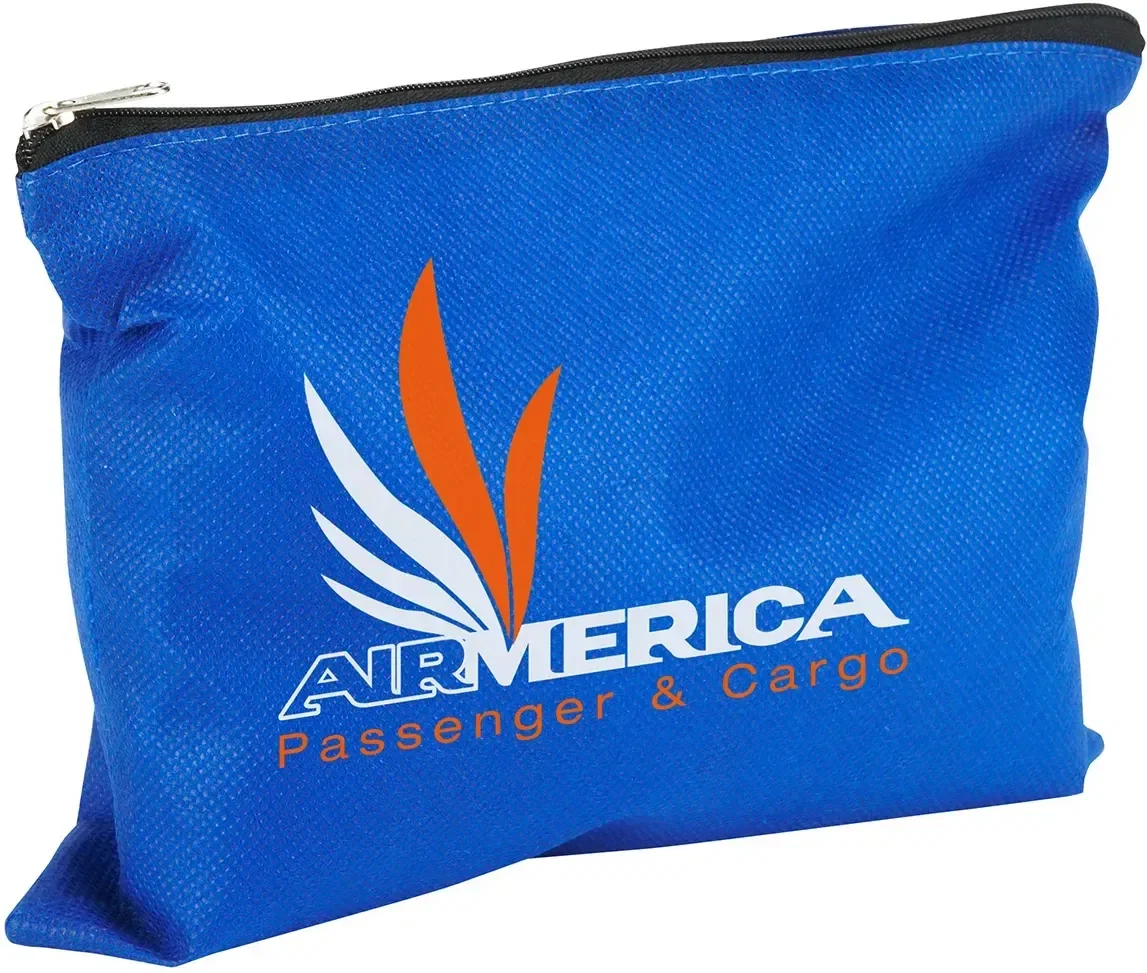 Branded Sunny Side non-woven pouch side view showing zipper closure