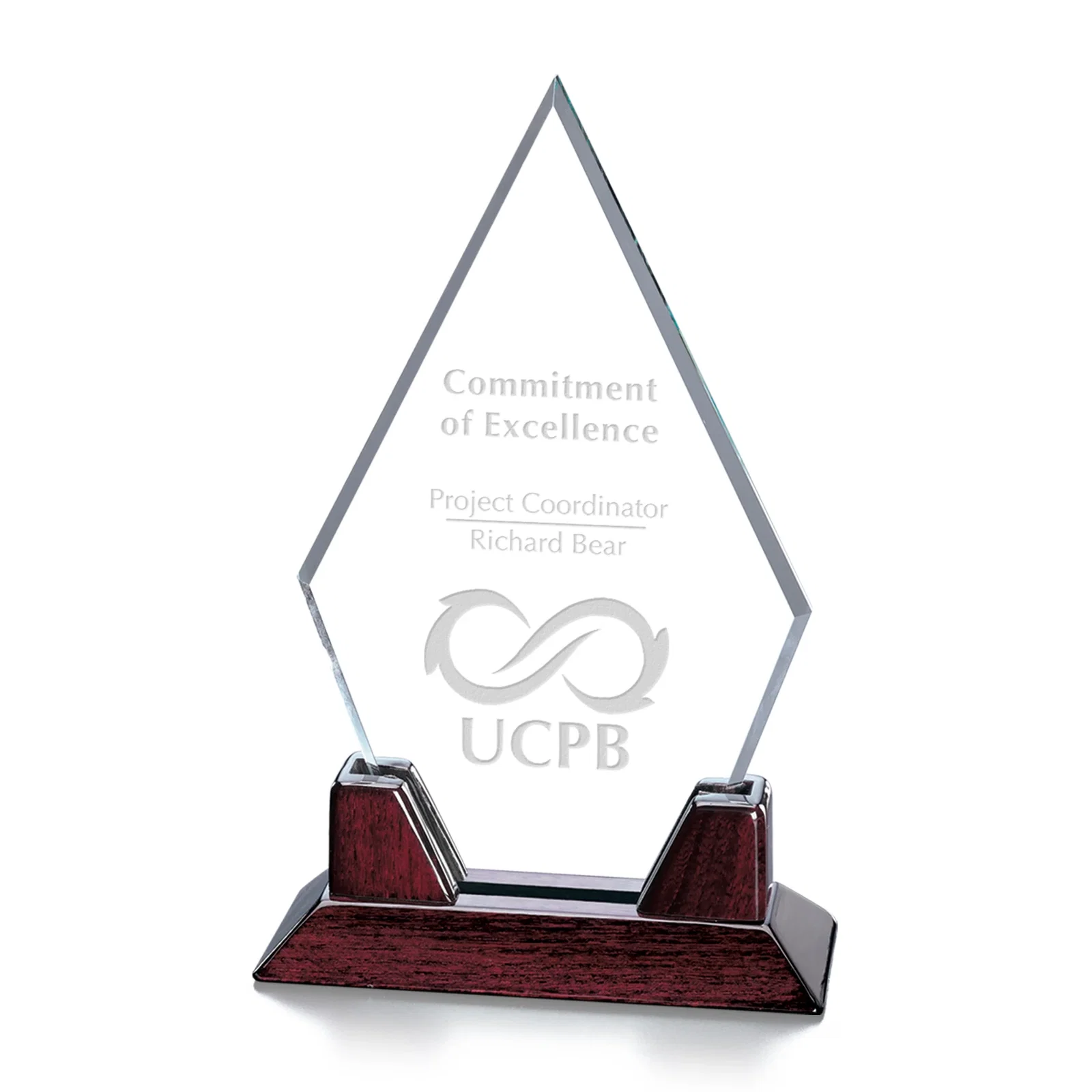Custom Starfire Crystal Arrowhead Award on Rosewood Piano-Finish Base for service anniversary gifts