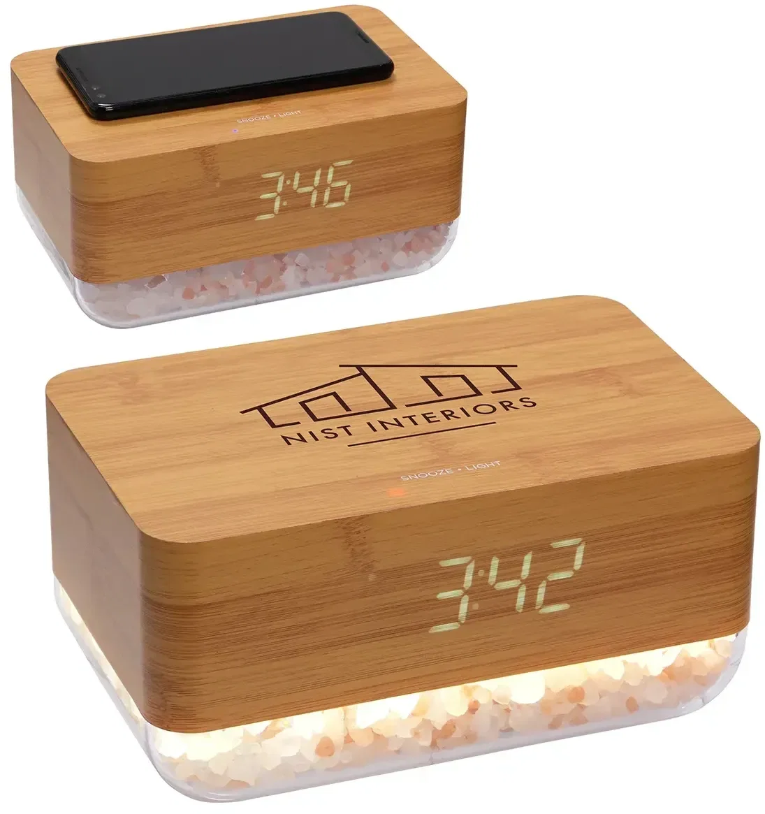 Sunrise Himalayan salt lamp wireless charger, custom branded promotional desk piece, front view