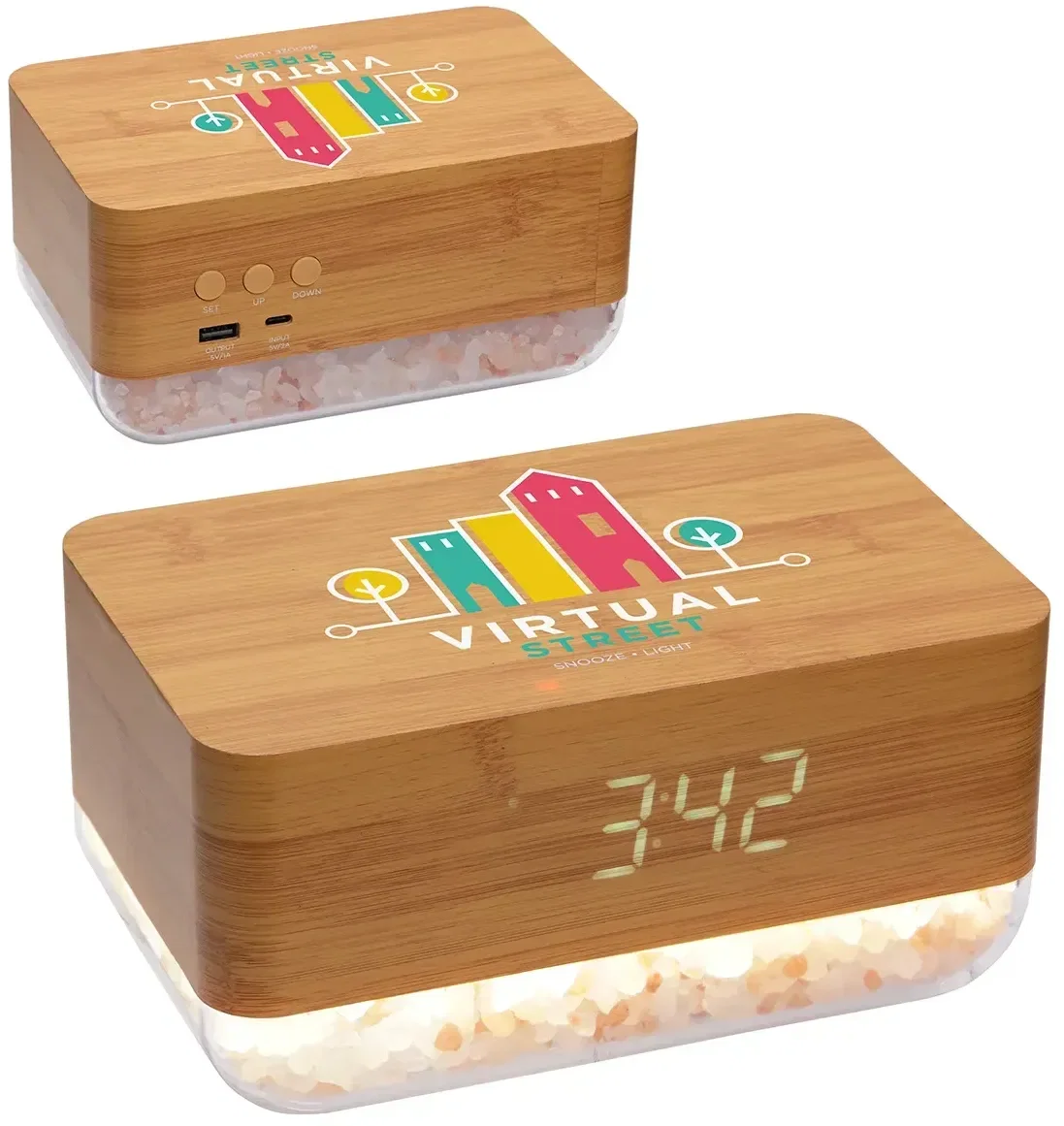 Custom logo Sunrise salt lamp charger glowing warm, side view