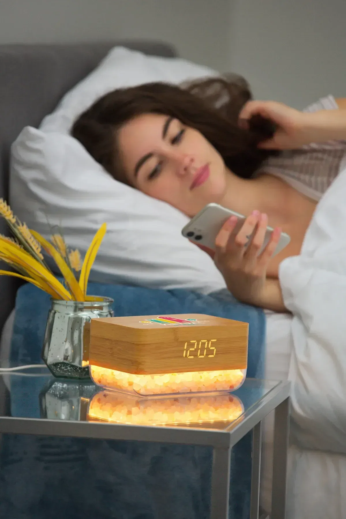 Sunrise Himalayan Salt Lamp Wireless Charger shown in a real setting