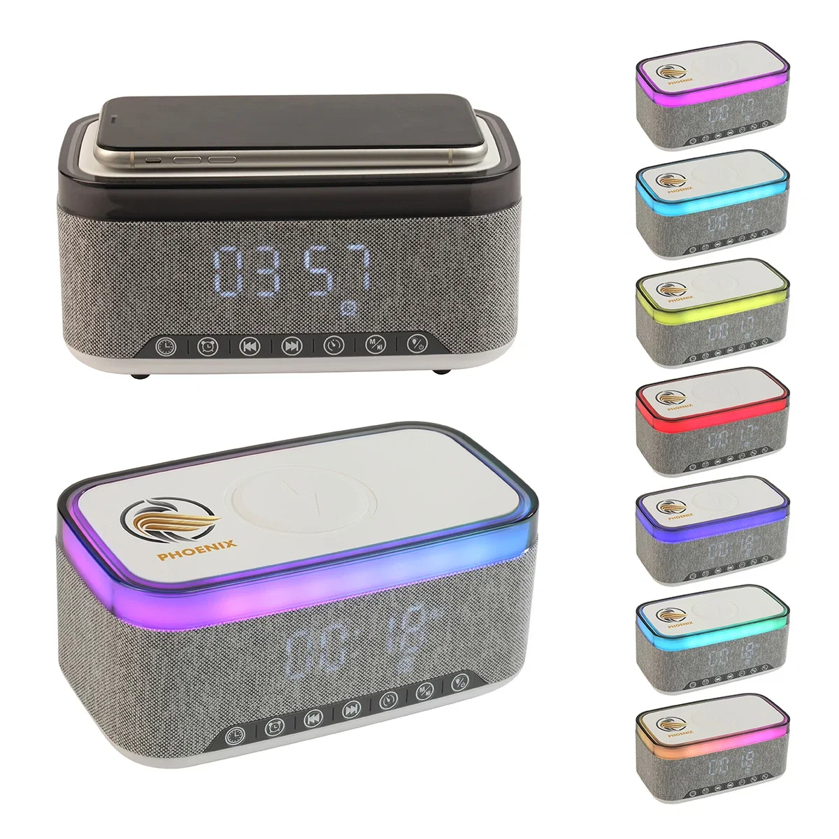 Custom Sunset Stereo Speaker, front view of the branded speaker with clock and wireless charger
