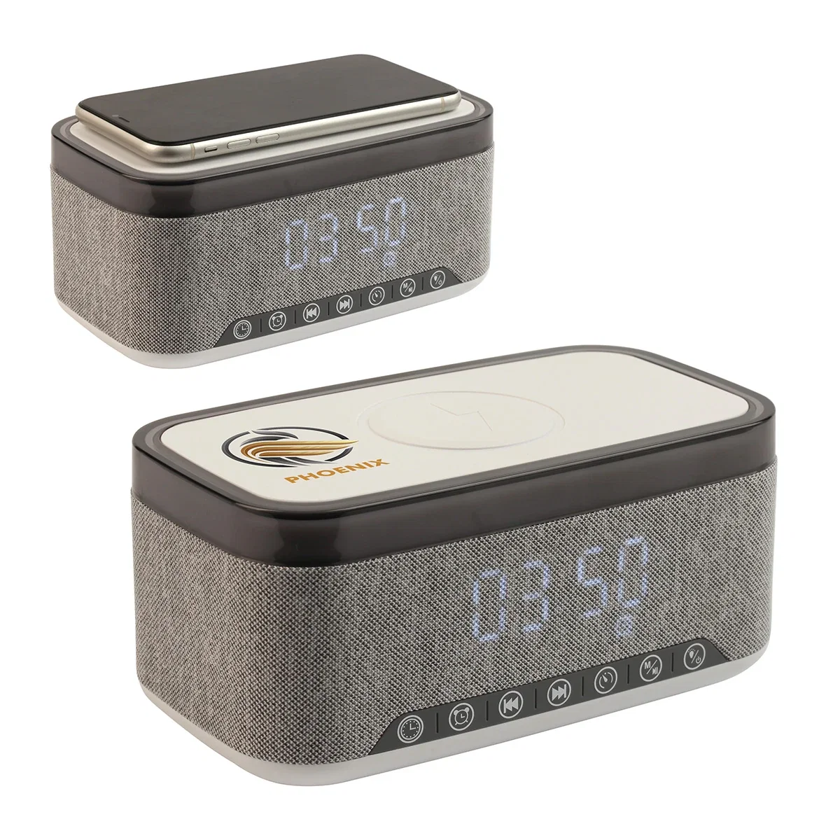 Side profile of the custom Sunset 20W Stereo Speaker with Wireless Charger