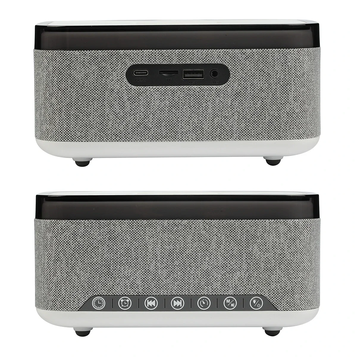 Sunset Stereo Speaker on a nightstand, lifestyle shot of the branded speaker in use