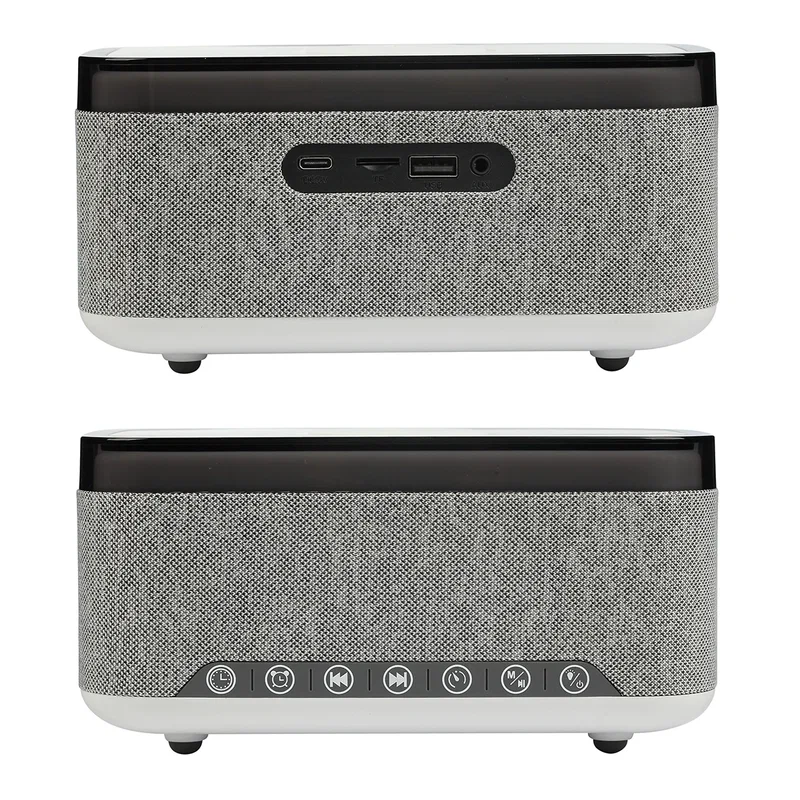 Sunset Stereo Speaker on a nightstand, lifestyle shot of the branded speaker in use