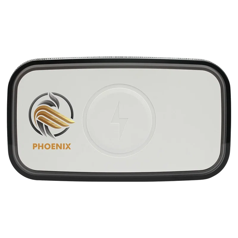Angled view of the Sunset Stereo Speaker showing the built-in 15W wireless charging pad