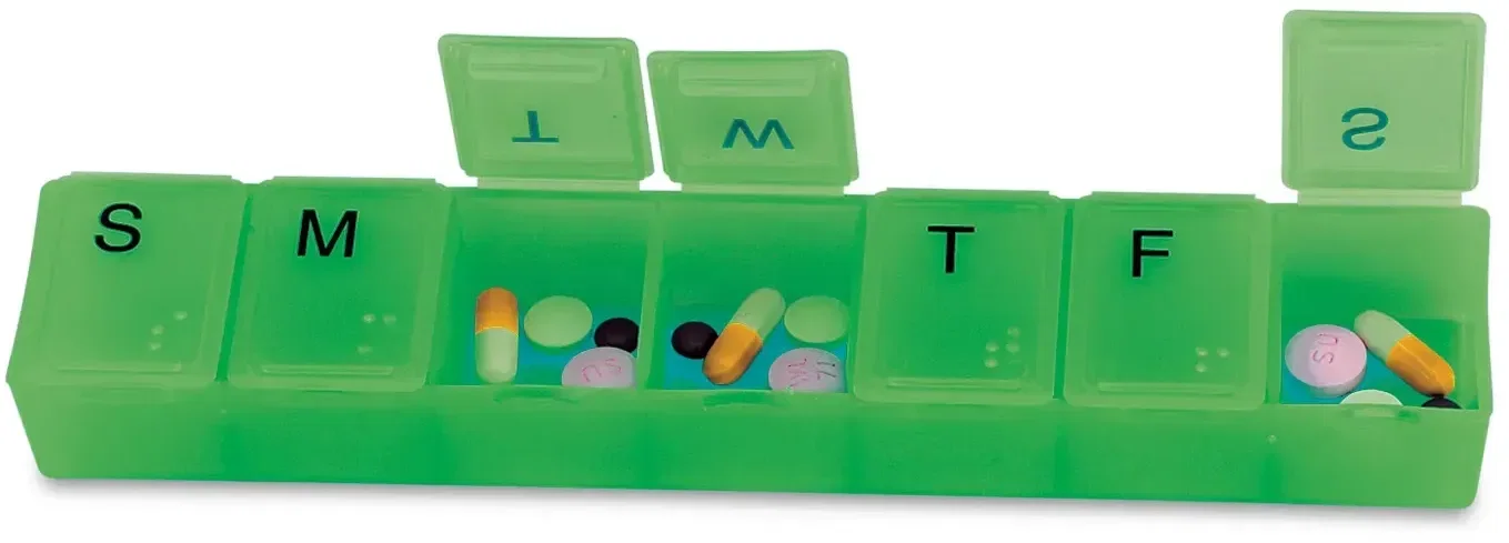 Super-7 All-Week Pill Box - 8". Polypropylene weekly pill box with Braille day labels for pharmacy giveaways, view 2