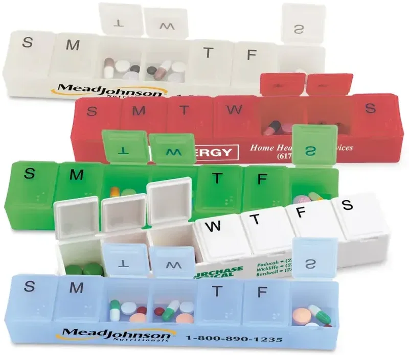 Super-7 All-Week Pill Box - 8". Polypropylene weekly pill box with Braille day labels for pharmacy giveaways, view 7