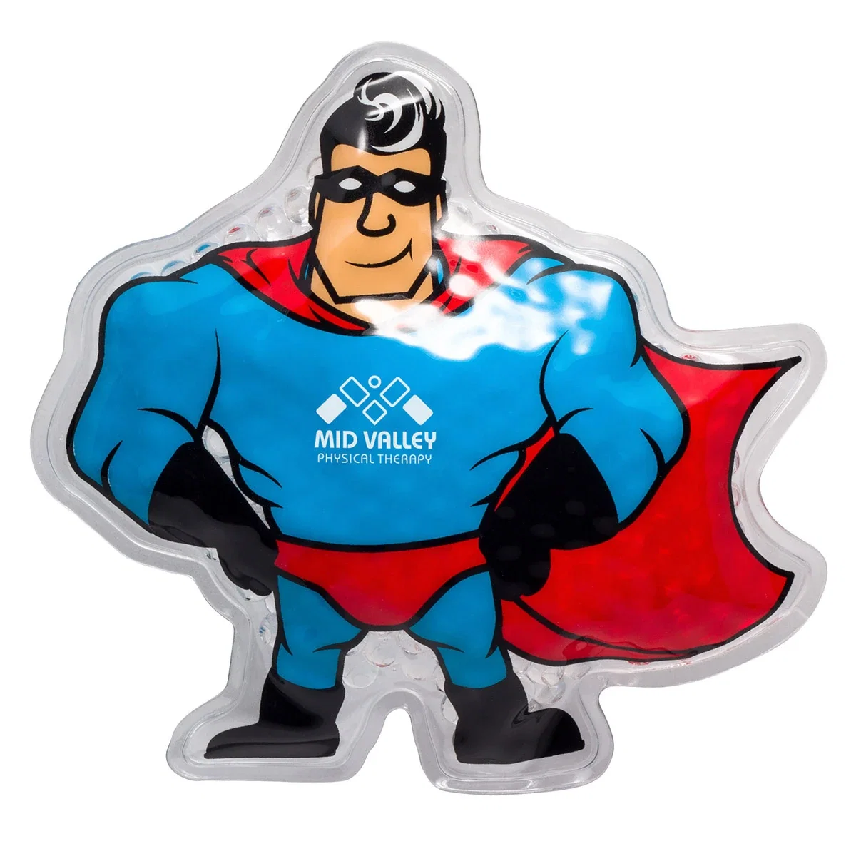 Super Hero shaped bead-filled hot/cold pack for warm or cold therapy