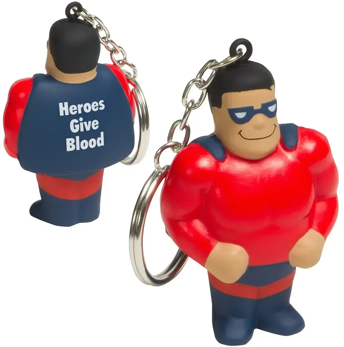 Super Hero Stress Reliever Key Chain, a branded caped-mascot squeeze toy keyring for custom logo giveaways