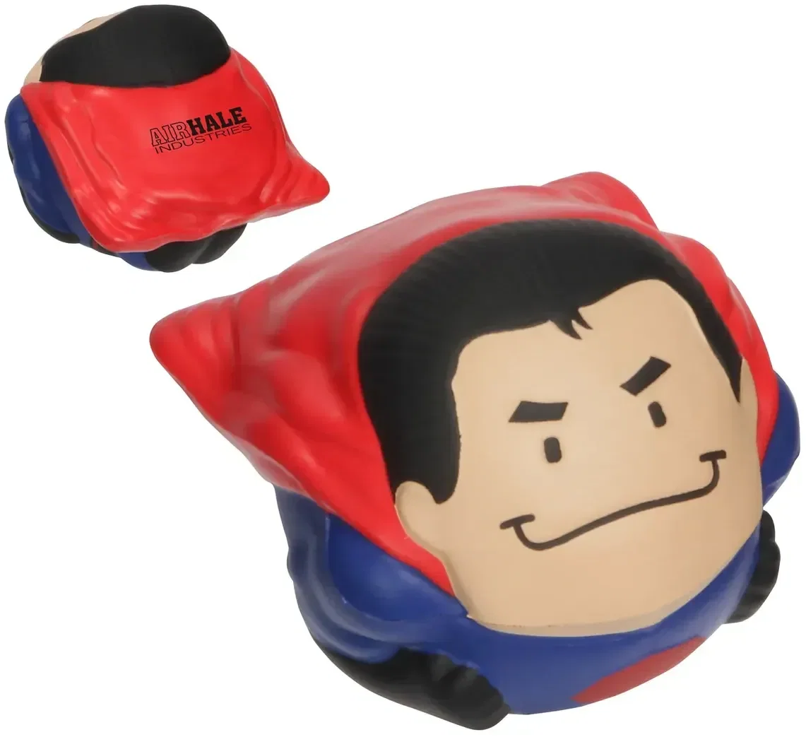 Custom Super Hero Wobbler Stress Reliever, branded caped foam figure that rocks on a desk for logo giveaways