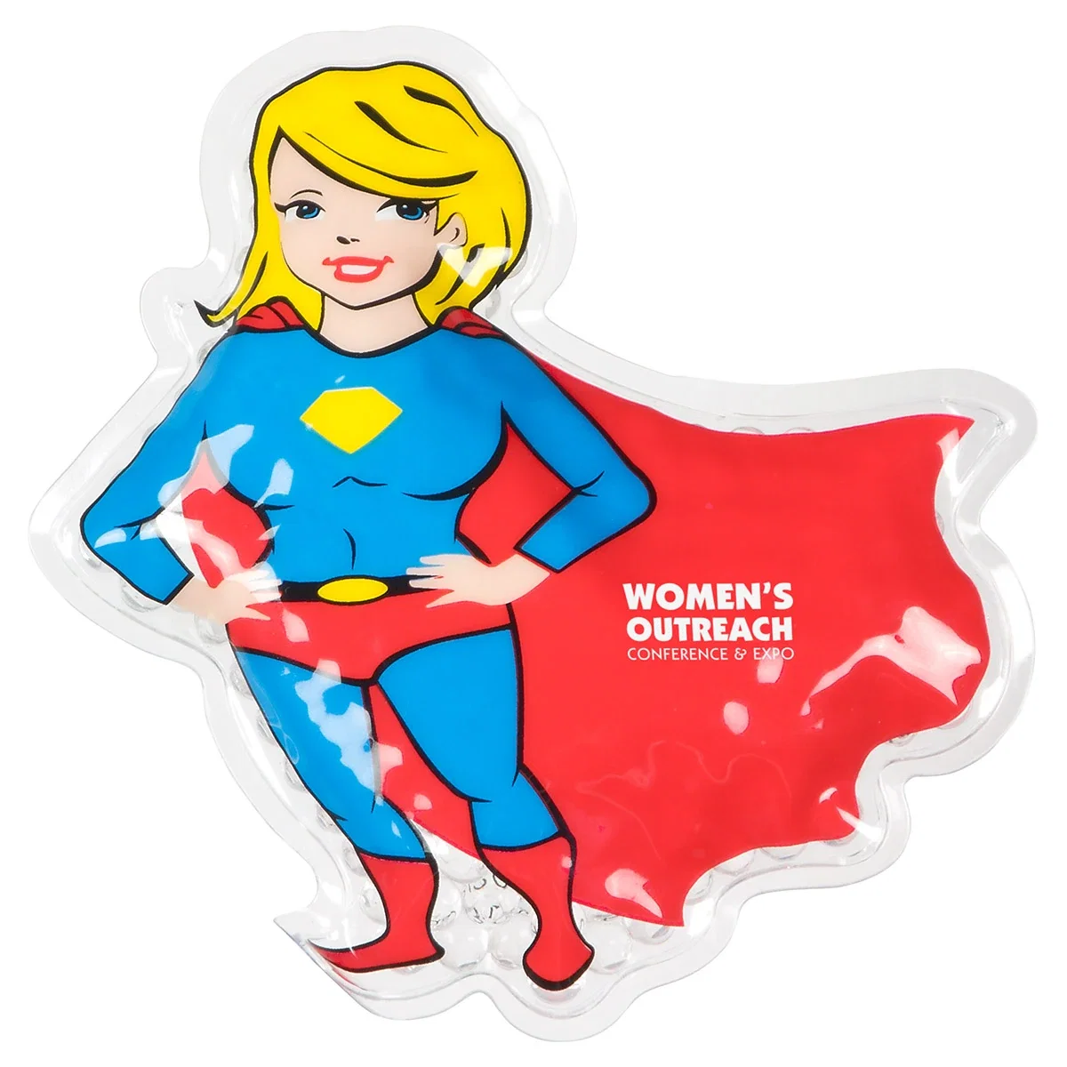 Super Heroine shaped bead-filled hot/cold pack with a cape-shaped imprint area