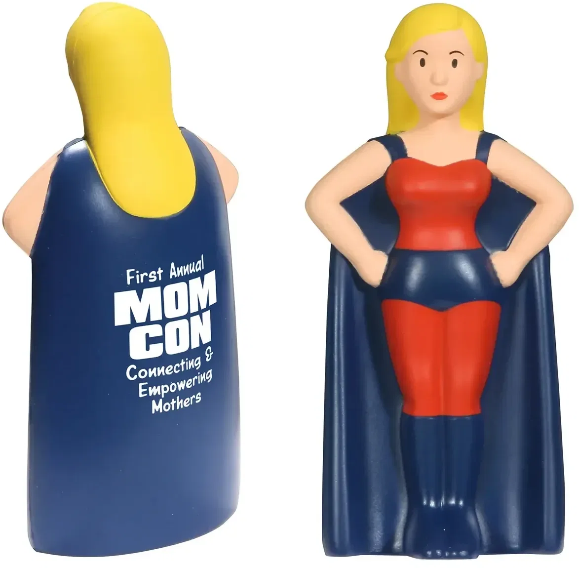 Super Heroine Stress Reliever, a custom caped-heroine squeeze toy for logo-branded promotional giveaways
