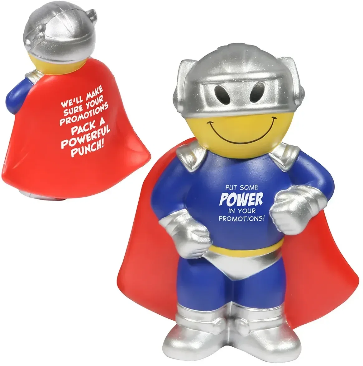 Super Smiley Stress Reliever, custom caped smiley foam squeeze toy for branded logo giveaways