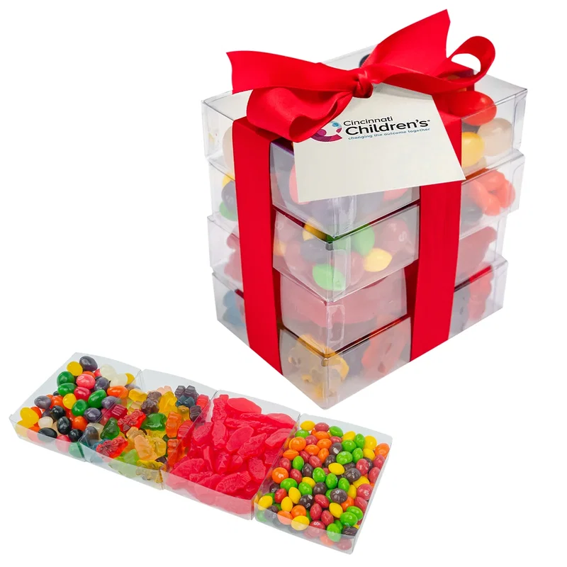 Tiered present shaped package holding assorted sweets