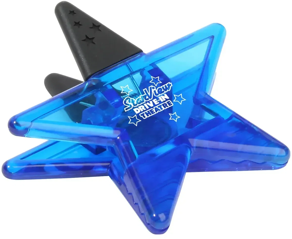 Custom branded star magnetic clip holding papers on a metal surface, side view
