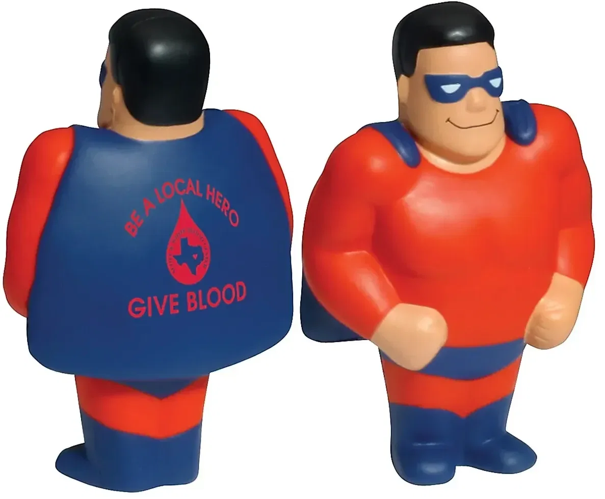 Superhero Stress Reliever, a promotional custom squeeze toy molded as a caped hero with printable logo space