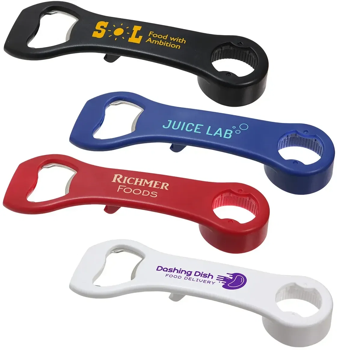 Custom branded Sure Grip 4-in-1 opener, front view of the promotional jar and bottle tool with logo area