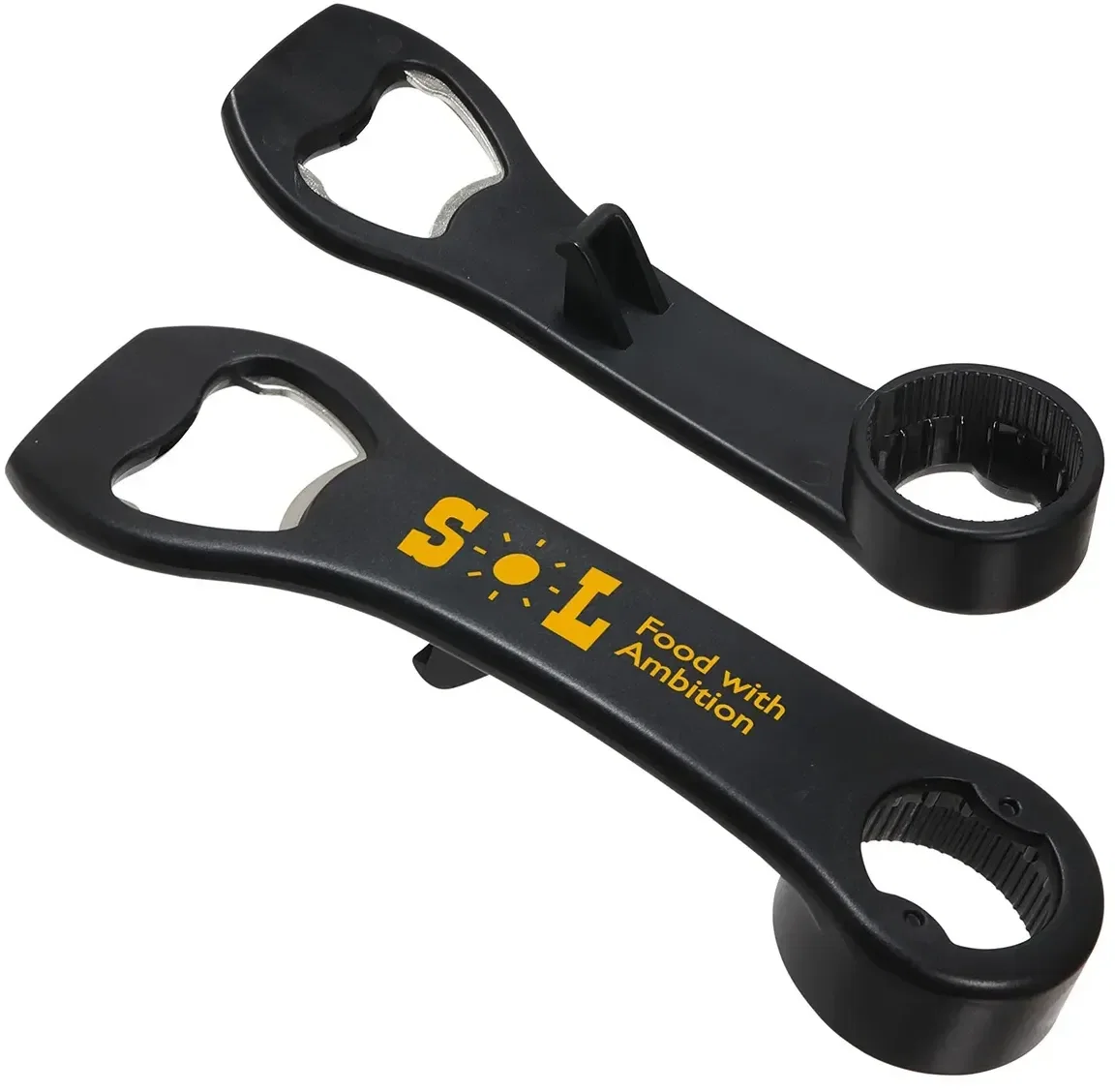Close-up of the promotional Sure Grip opener handle, custom branded 4-in-1 jar and bottle tool