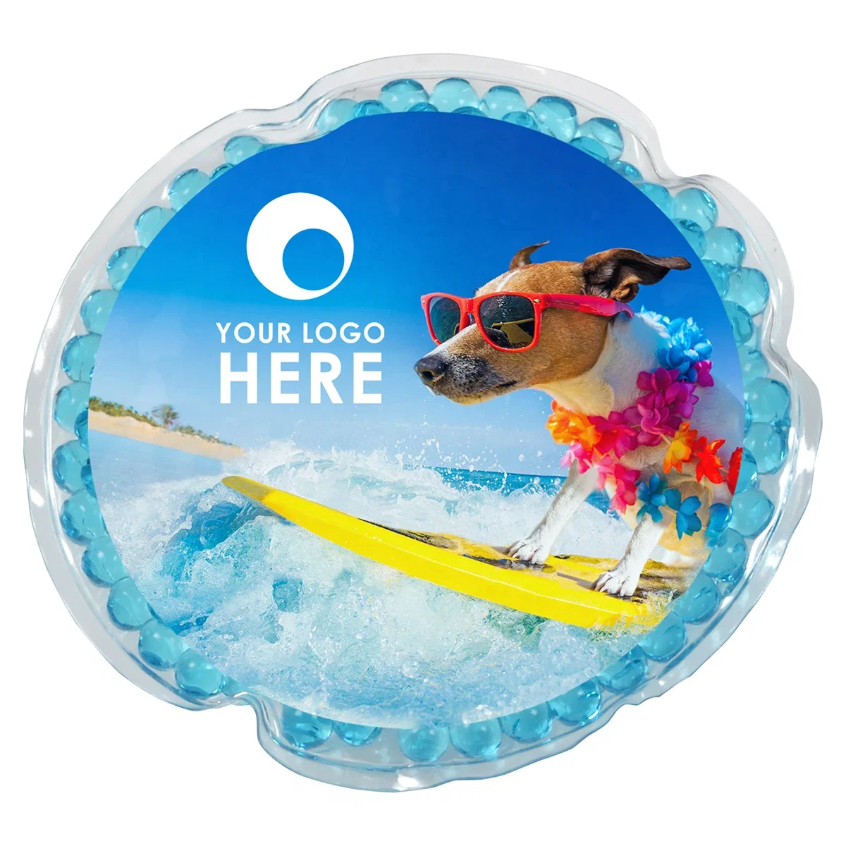 Surf'n Dog round hot/cold pack with a printed surfing dog design and aqua blue beads