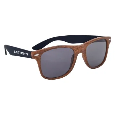 Sunglasses pairing a wood tone frame with solid color arms