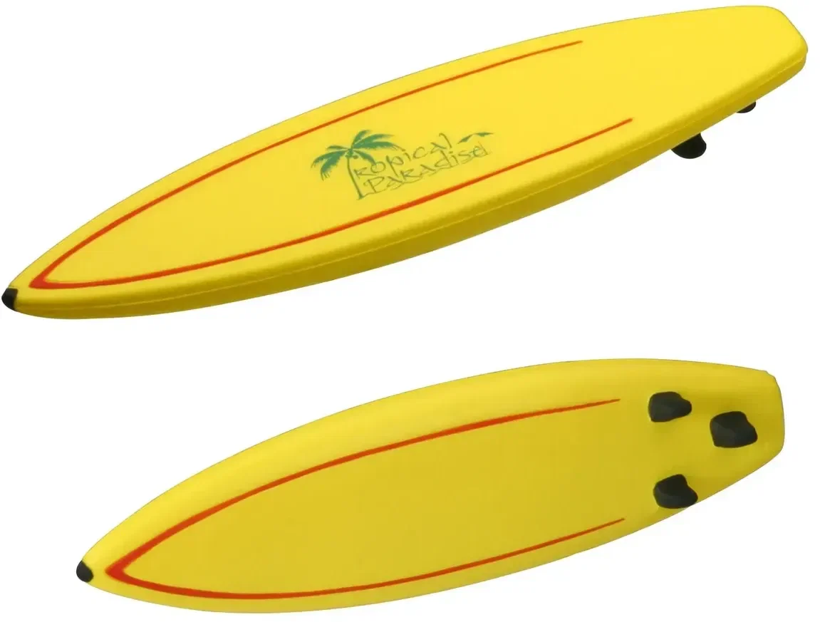 Surfboard-shaped promotional stress ball for custom logo branding, front view