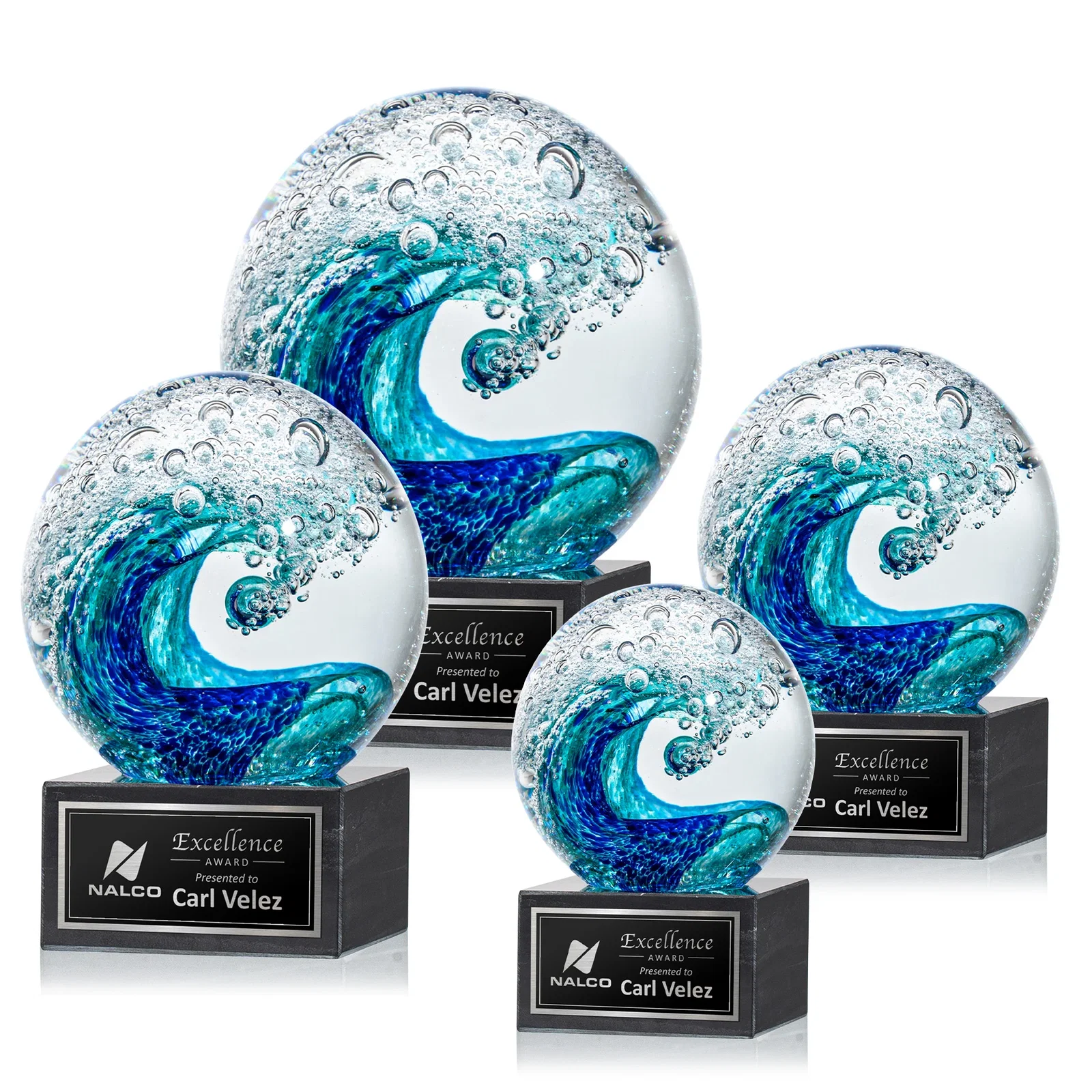 Custom Turquoise and Sapphire Glass Sphere Award With a Wave, marble for employee recognition