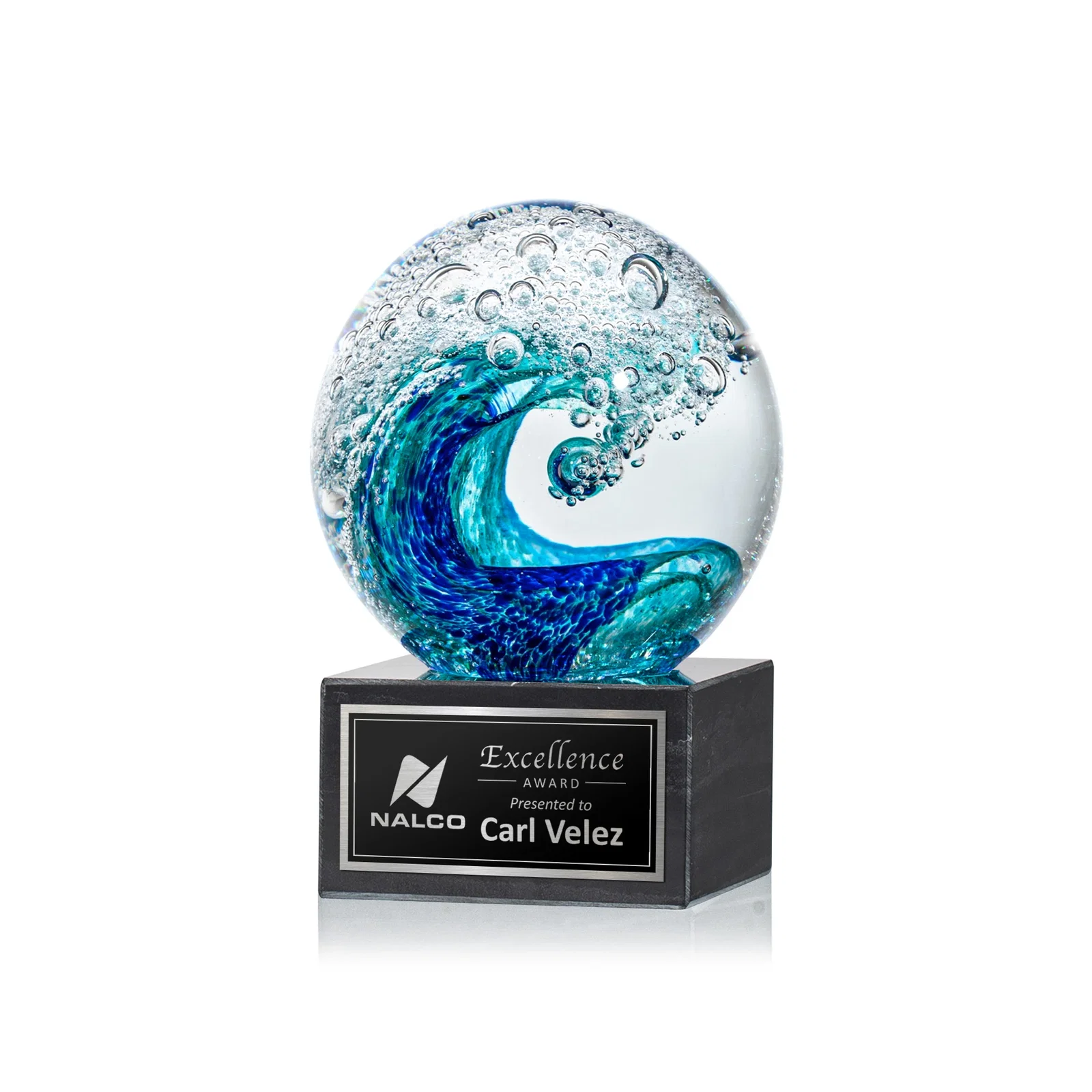 Custom Turquoise and Sapphire Glass Sphere Award With a Wave, marble for corporate award ceremonies