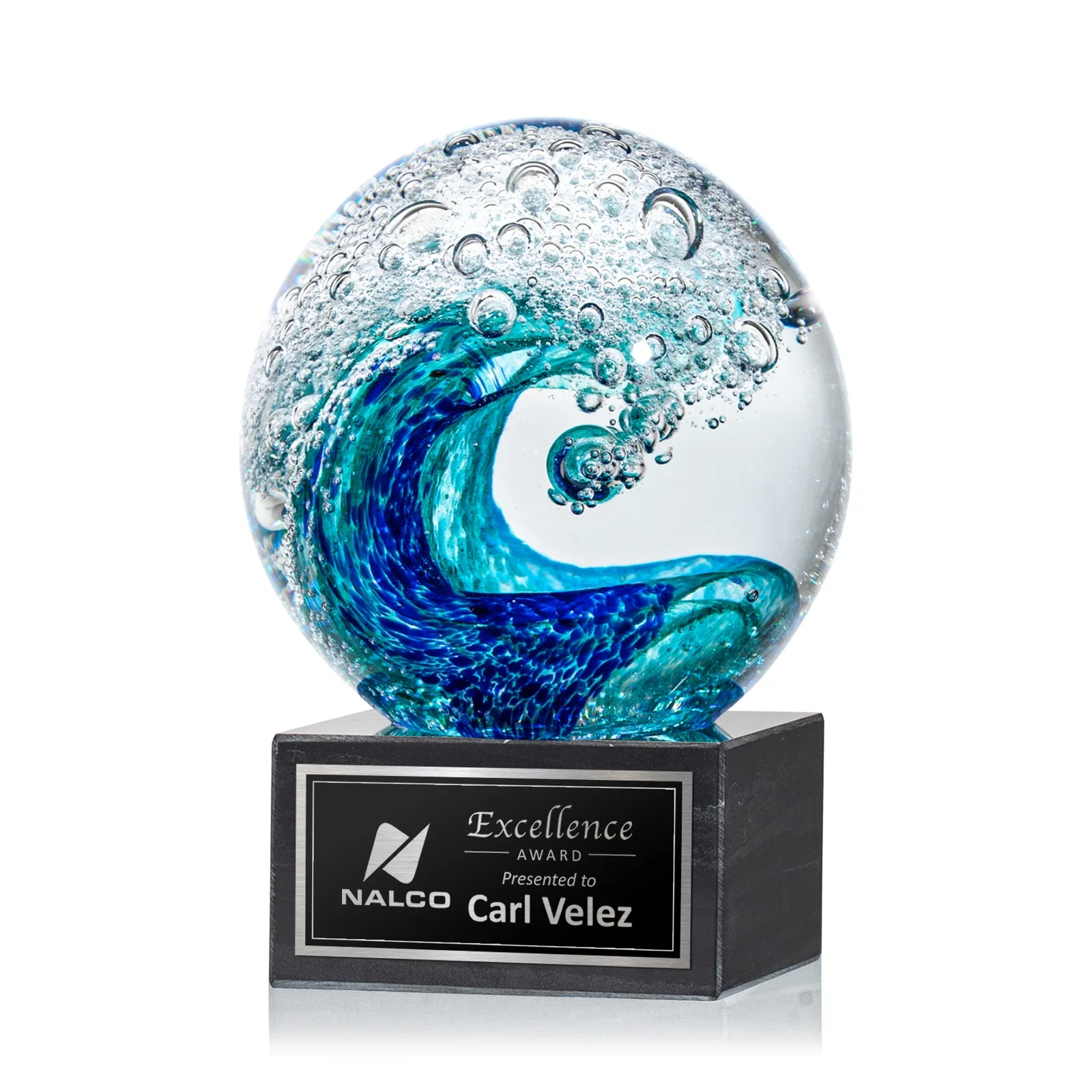 Custom Turquoise and Sapphire Glass Sphere Award With a Wave, marble for sales achievement awards