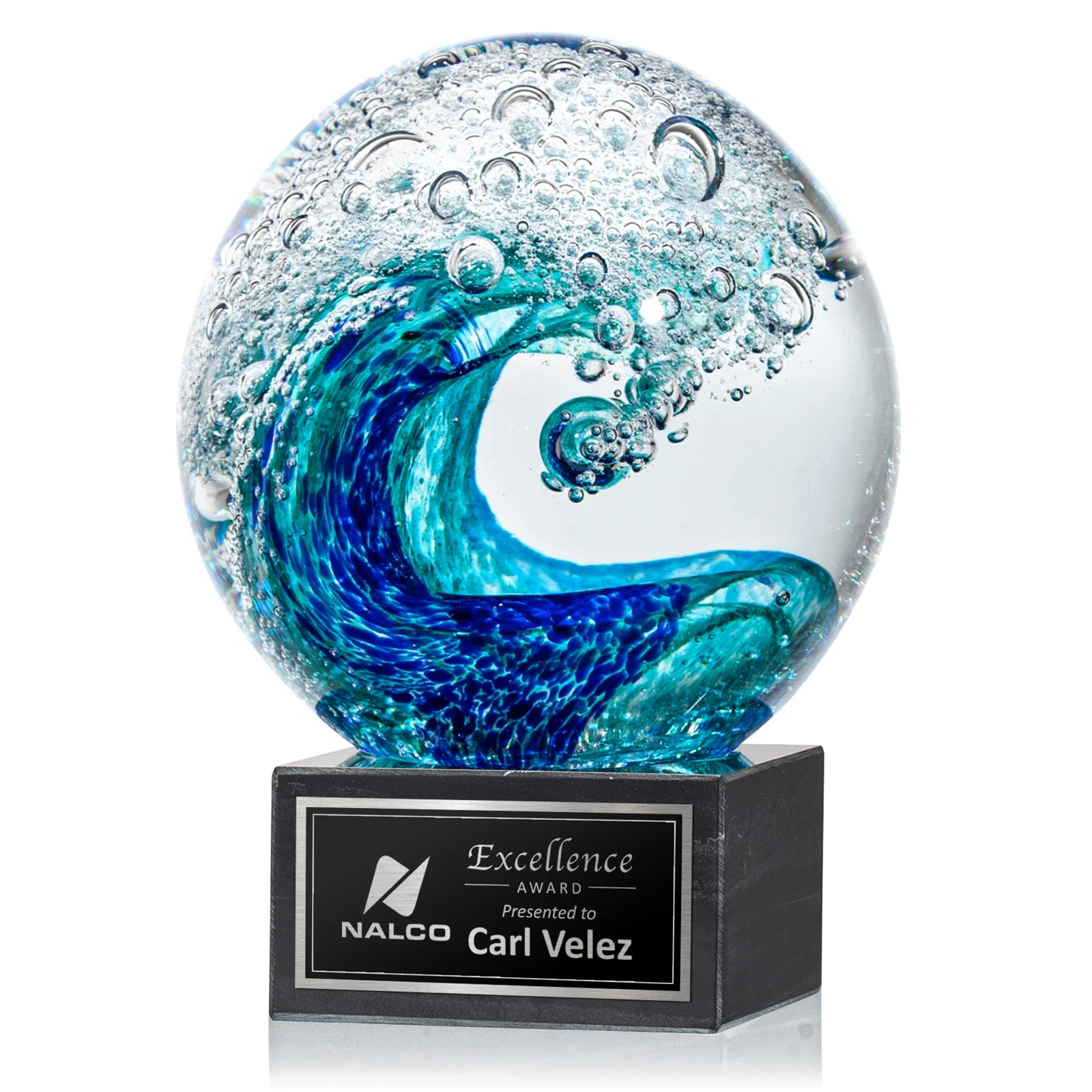 Custom Turquoise and Sapphire Glass Sphere Award With a Wave, marble for retirement presentations
