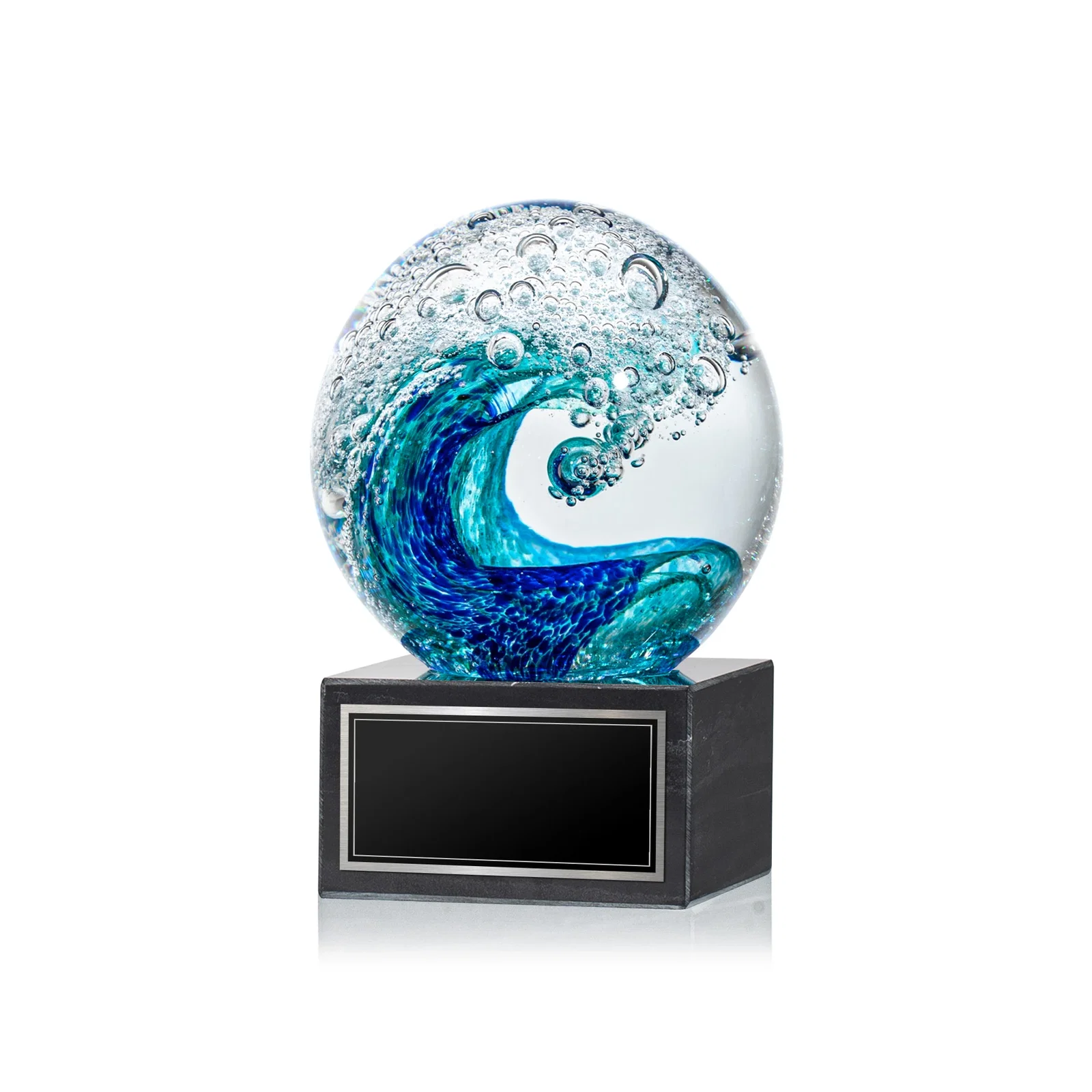 Custom Turquoise and Sapphire Glass Sphere Award With a Wave, marble for team milestone celebrations