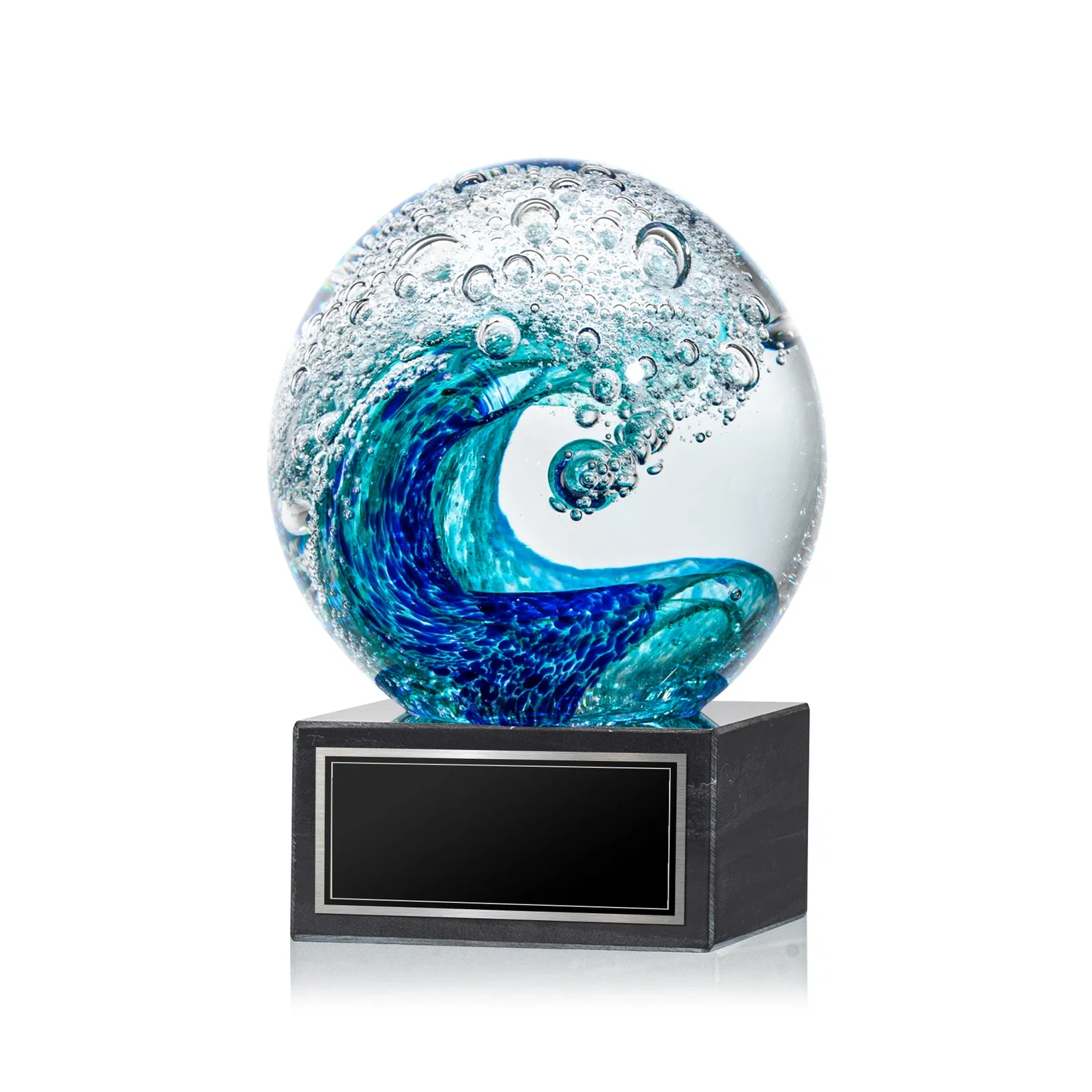 Custom Turquoise and Sapphire Glass Sphere Award With a Wave, marble for donor appreciation