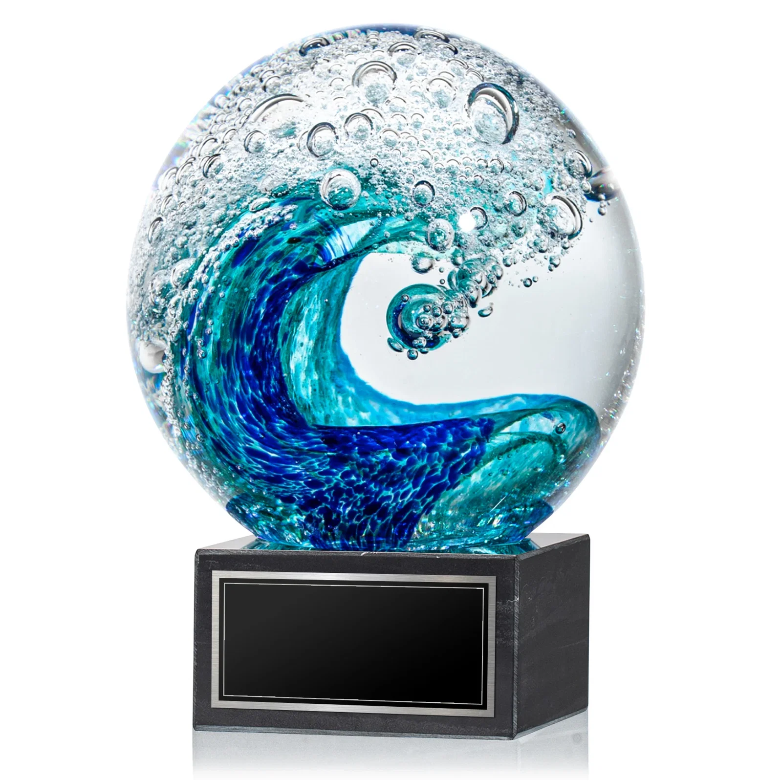 Custom Turquoise and Sapphire Glass Sphere Award With a Wave, marble for safety achievement programs