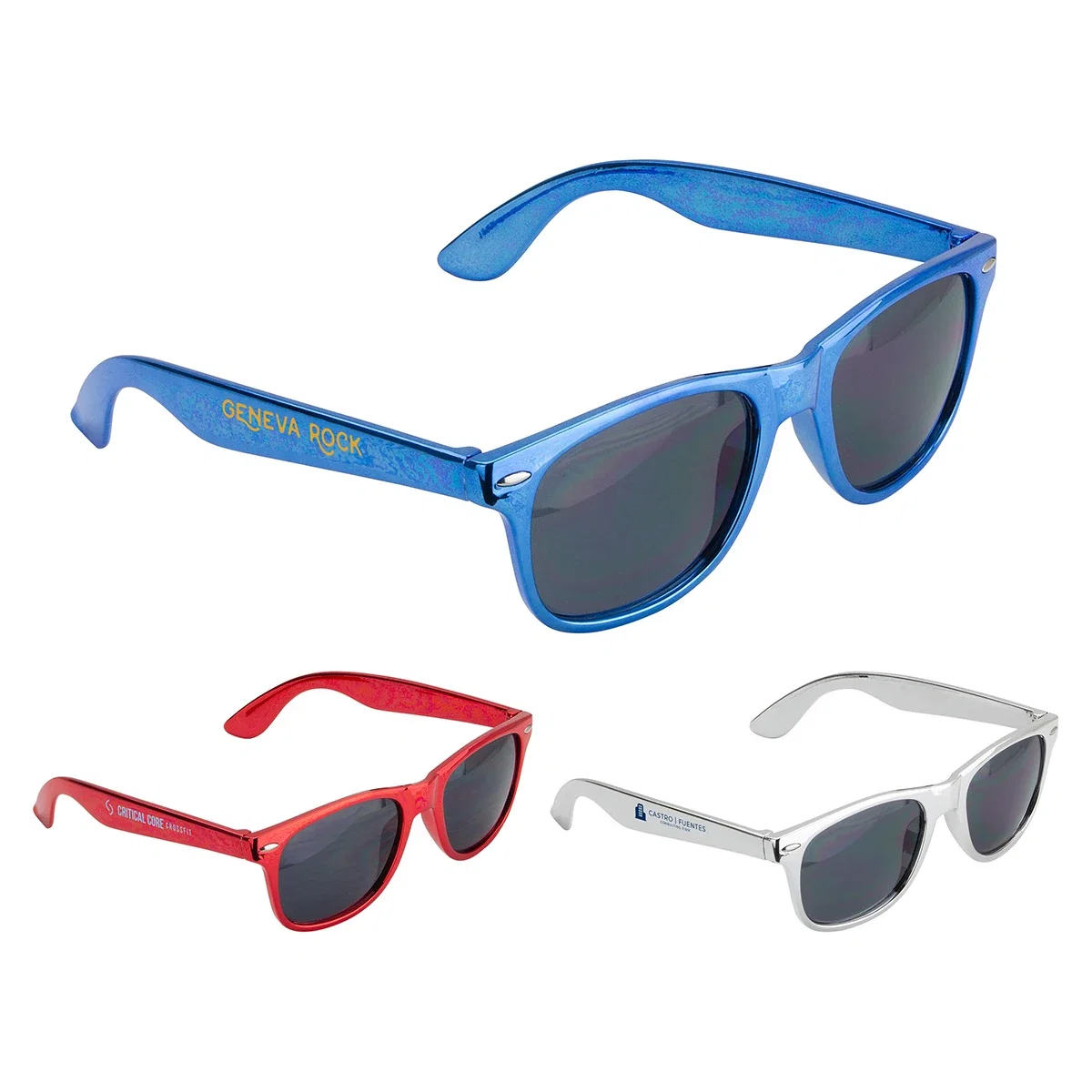 Surfside sunglasses with metallic polypropylene frames and dark gray UV400 lenses