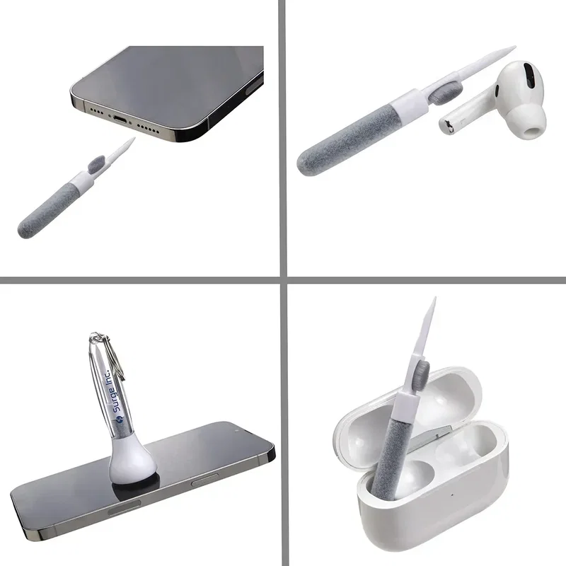 Custom Swab cleaner clearing earbuds, in-use detail view