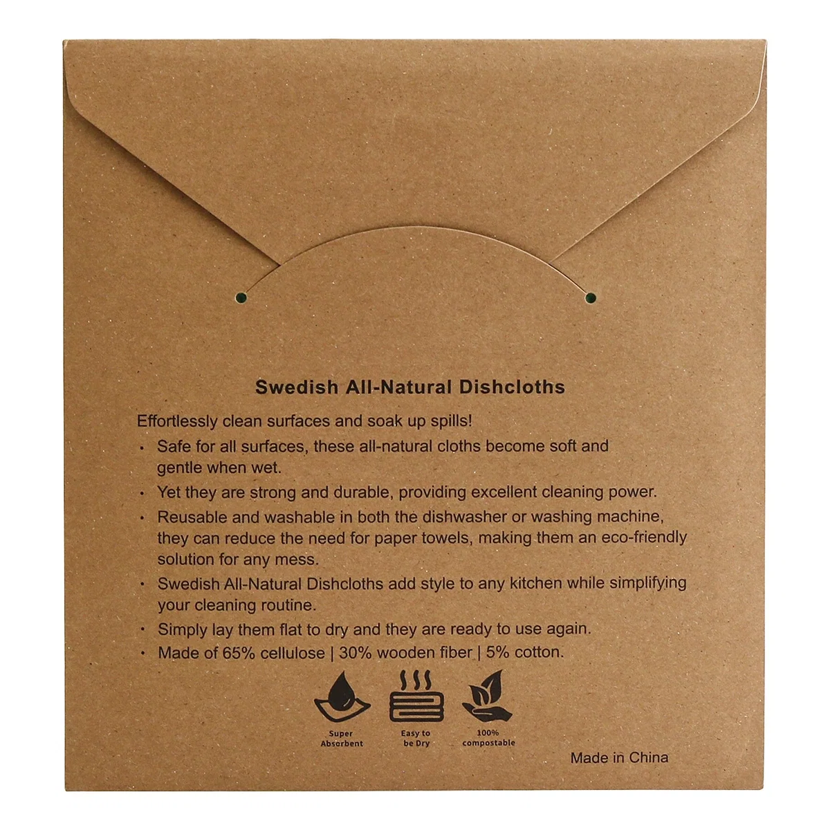 Back of the Swedish All-Natural Dishcloths kraft packaging, listing the cellulose, wood fiber, and cotton blend and care instructions