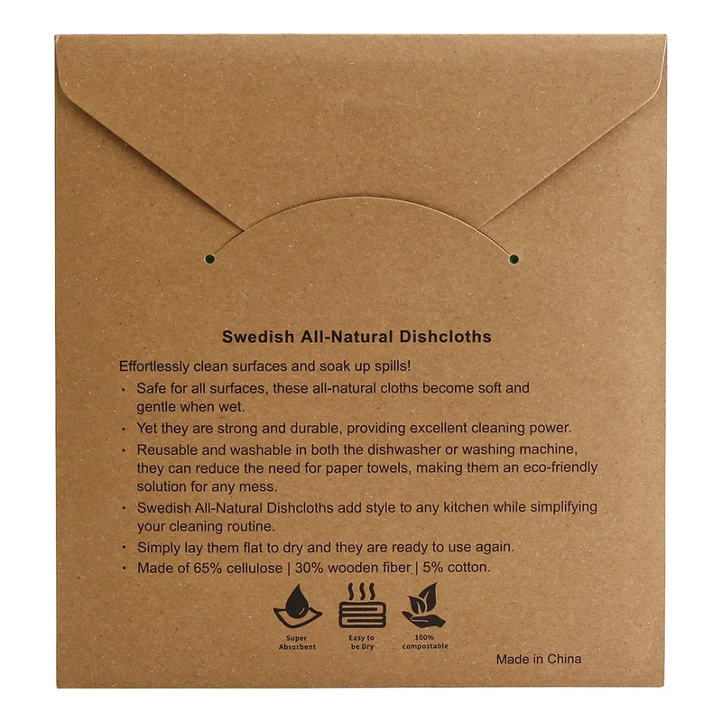 Back of the Swedish All-Natural Dishcloths kraft packaging, listing the cellulose, wood fiber, and cotton blend and care instructions