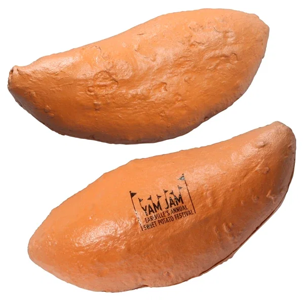 Sweet potato-shaped foam stress reliever with a pad-printed logo area on the side