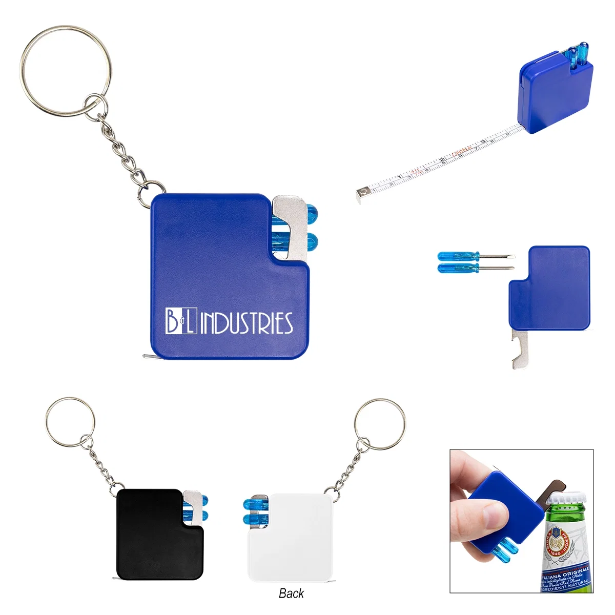Four-in-one multi tool key chain shown with its split ring