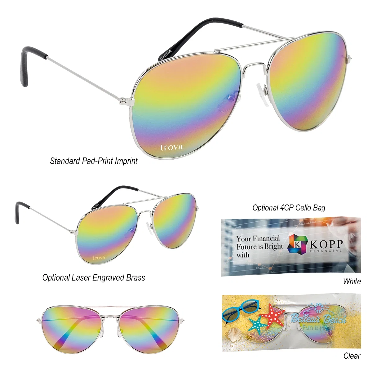 Rainbow lens aviator sunglasses shown front on with both temples extended