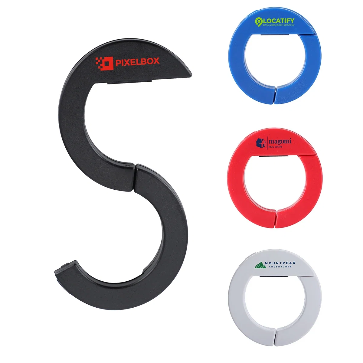 Custom Swing Ring Anti-Theft Bag Hanger, front view of the branded bag hanger