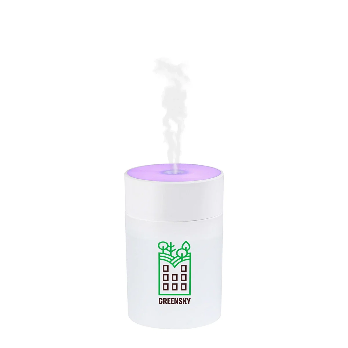 Promotional Swirl Portable Humidifier with Light in use, glowing on a desk