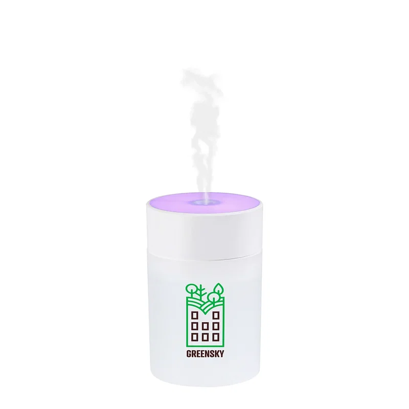 Promotional Swirl Portable Humidifier with Light in use, glowing on a desk