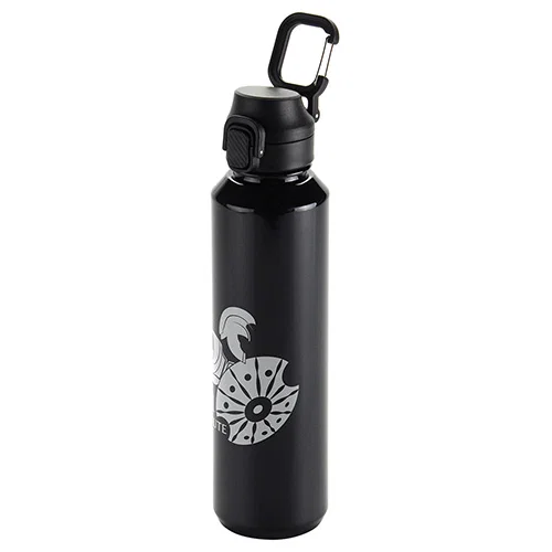Custom branded Switchback 27 oz RPET carabiner bottle, front view of promotional water bottle