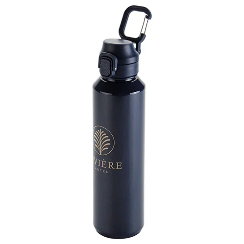 Promotional Switchback 27 oz bottle clipped by carabiner, custom branded RPET trail water bottle
