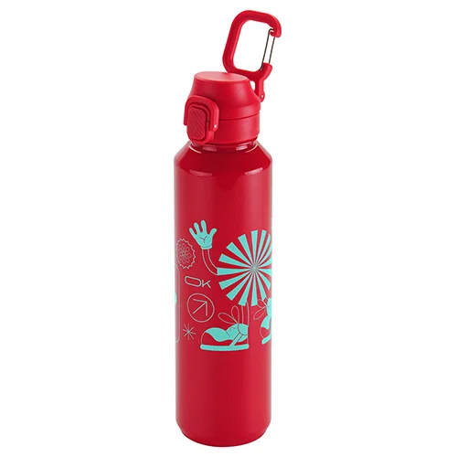 Branded Switchback 27 oz RPET bottle, side profile of custom promotional carabiner water bottle